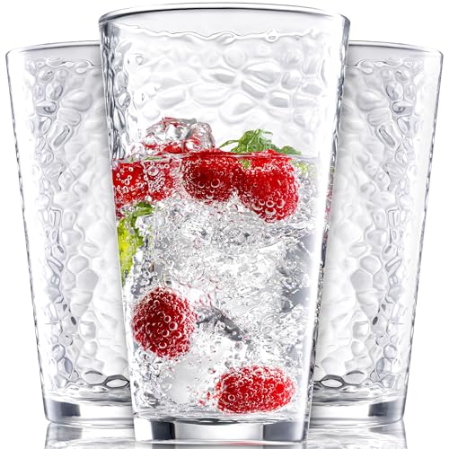 Set of 10 Hammered Glass Cups, 16oz. Dishwasher Safe Cocktail Drinking Glasses - Clear Heavy Base Stemmed Water Glasses, Tall Beer Glasses, Bar Glass, Juice, Iced Tea, Margarita, & Everyday Drinks. by Le'raze - Used condition - US$25.99