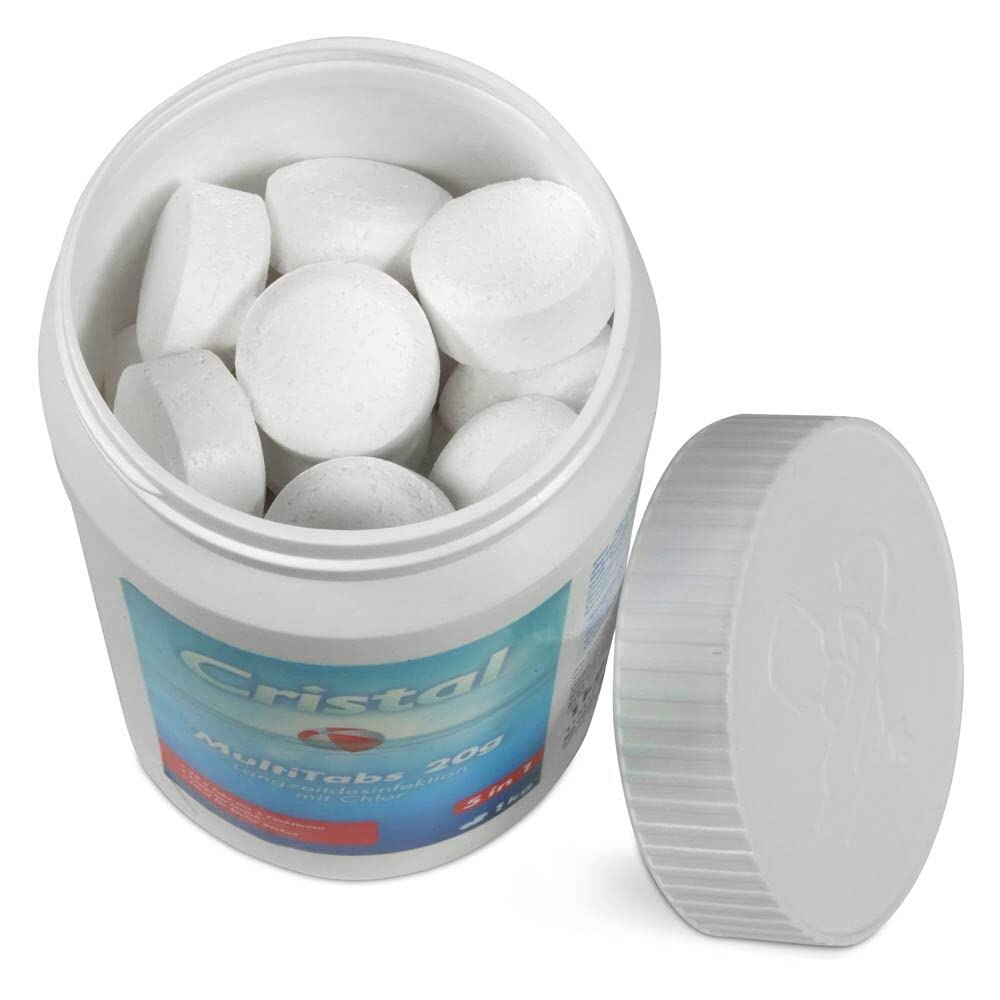 Cristal Pool e-Chlor Set - 5 in 1 Chlor MultiTabs - Dosierschwimmer - Teststreifen pH-Wert + Chlor 50 x - Langzeitdesinfektion - Trübungsentfernung