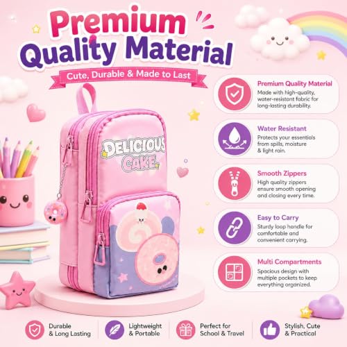 Image of Alokik Cute Pink 3 Compartment Pencil Pouch for Girls, Large Capacity Stationery Organizer with Zipper, Multi Pocket Pouch for Kids, Students & Office UseCute Food Theme Design (Delicious Cake Pouch)