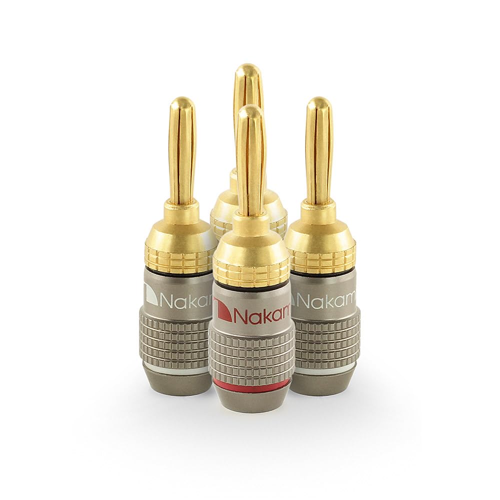 Nakamichi FanLock Excel Series 24k Gold Plated Banana Plug 10 AWG - 18 AWG Gauge Size 4mm for Speakers Amplifier Hi-Fi Stereo Home Theatre Radio Audio Wire Cable Quick Connector 4 Pcs (2-Pairs)