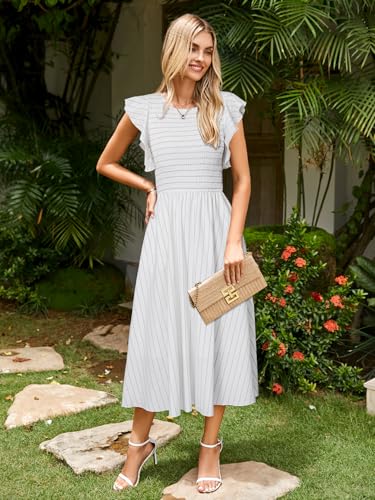 Image of Simplee Womens Striped Midi Summer Dress Linen Smocked Flutter Short Sleeve Dress Flowy Casual Dress with Pockets