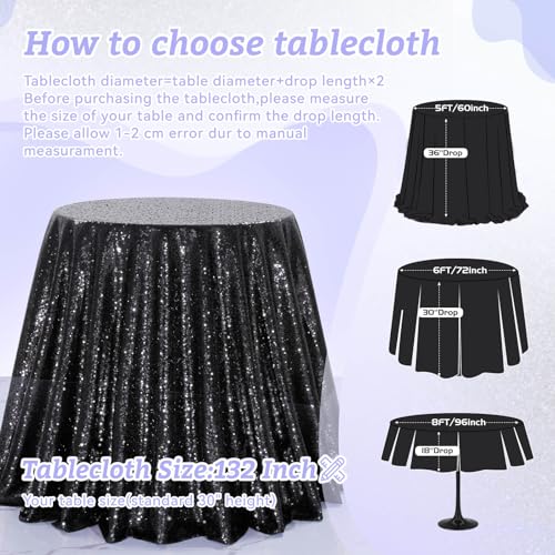 Image of B-COOL Round Tablecloth Sequin Draping Decorations: 132 Inch Tablecloths Black Sequence Overlay Shimmer Fabric for Birthday Dinner Parties Halloween