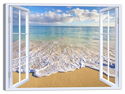 LuxHomeDecor Cuadro ventana playa playa playa 100 x 75 cm impresión sobre lienzo con bastidor de madera decoración arte moderno Cover