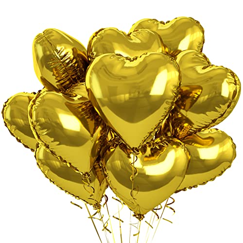 Image of Gold Heart Foil Balloons - 10PCS Heart Shaped Valentines Decorations, 18inch Love Balloons for Helium Wedding, Birthday, Anniversary