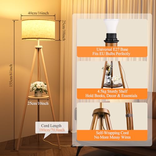 Tripod Floor Lamp with Storage Shelves - 12W Solid Wooden Standing Lamp with E27 Bulb & Remote Control, Corner Lights for Living Room, Bedroom (Light Brown) - Image 5