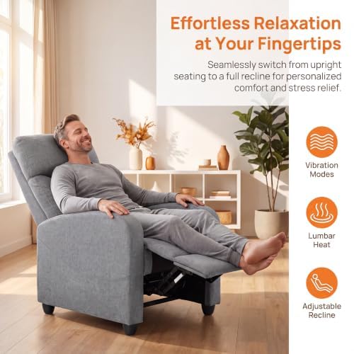 Image of Manual Massage Recliner Chair, Oversized Lazy Boy Reclining Couch Chair with Lumbar Heat & Adjustable Backrest, Single Recliner Sofa for Home Theater Seating, Living Room, Bedroom, Gray