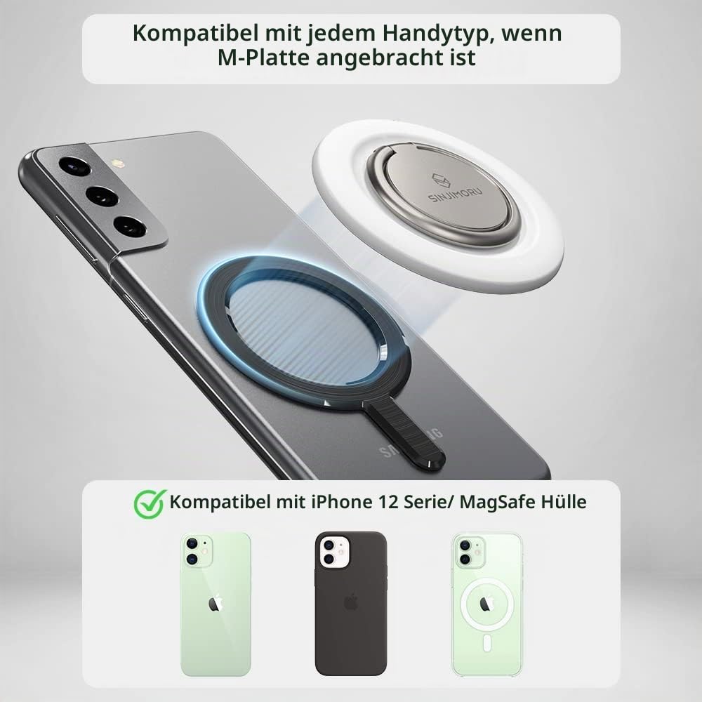 Sinjimoru Rutschfester Magnet Handy Ring Halterung für MagSafe, Abnehmbarer Handy Fingerhalter & Handy Ständer Phone Ring Holder für iPhone17 16 15 14 13 Reihe. M-Ringo Metallisches Schwarz