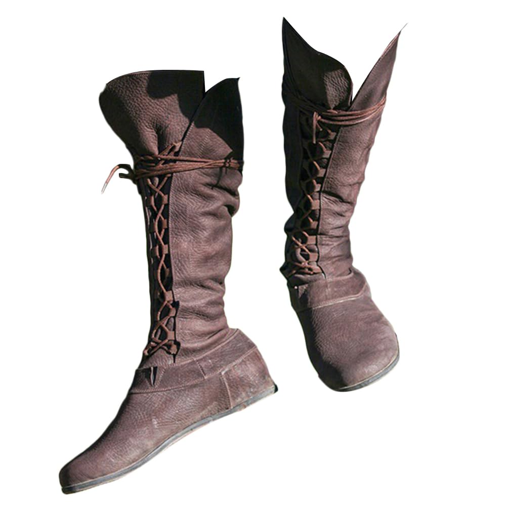 ORANDESIGNE Botas Medievales de Cuero PU Retro Mujeres Hombres Caballero Pirata Disfraz Tobillo Corto Botas de Fondo Plano Zapatos de Vendaje Gótico para Cosplay Fiesta de Carnaval