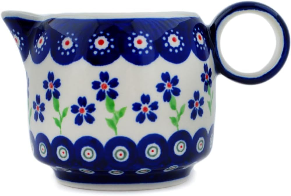 Polmedia Polish Pottery Creamer - Bright Peacock Daisy Pattern Handmade in Boleslawiec Poland + Certificate of Authenticity