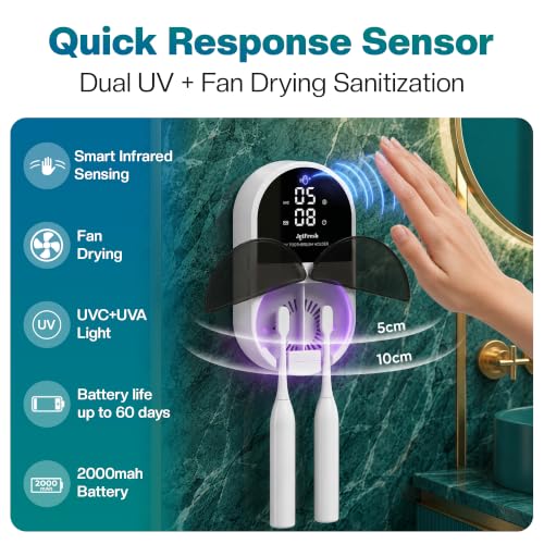 Image of Jetfresh UV Toothbrush Sanitizer Holder | Wall Mounted UV-C Toothbrush Cleaner | Tooth Brush Sanitizer Holder Auto Shut-Off, USB Rechargeable, Fits All Brushes, Bathroom Organizer