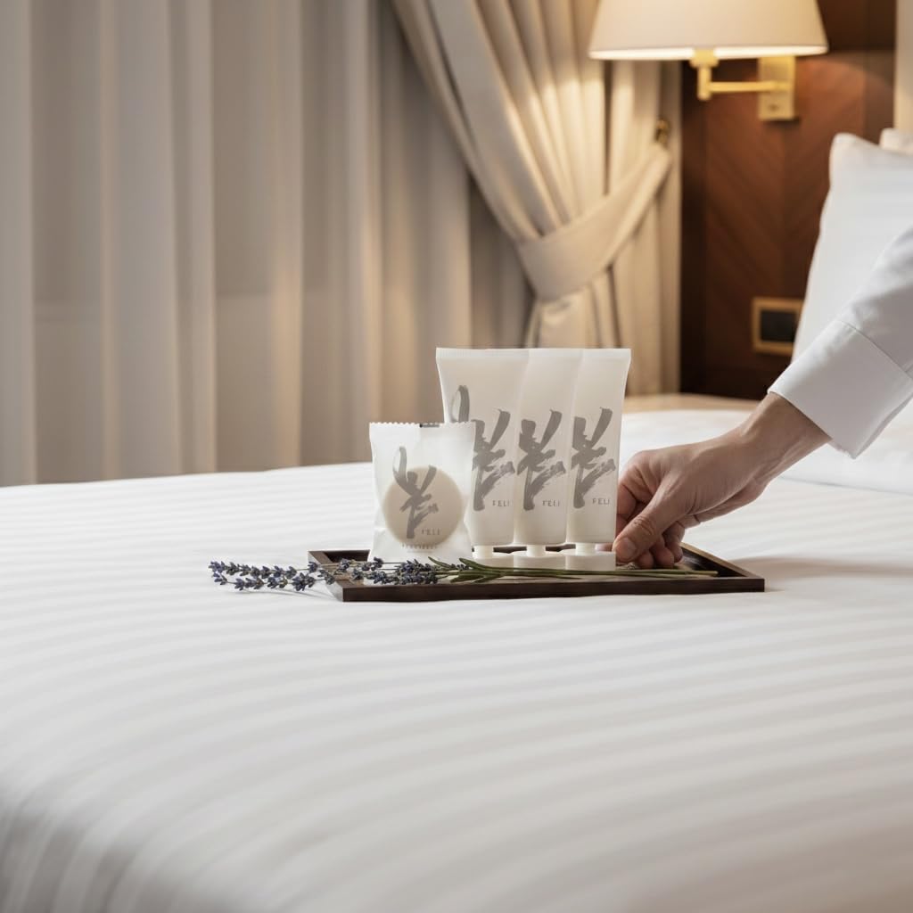 Feli Kit Cortesia Hotel – Shampoo 30 ml, Balsamo, Docciaschiuma Saponetta 20 g – Sacchetto Elegante – Ideale per Hotel, B&B, Agriturismi (S, 25, unità)