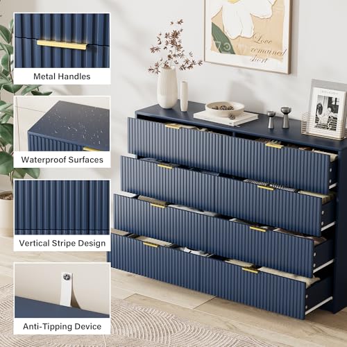 Image of Furniway Navy Blue Dresser for Bedroom, Modern Dresser with 8 Drawers and Smooth Slides, Wide Chest of Drawers with Golden Handles for Bedroom, Closet, 15.7 inch D x 55 inch W x 37.4 inch H