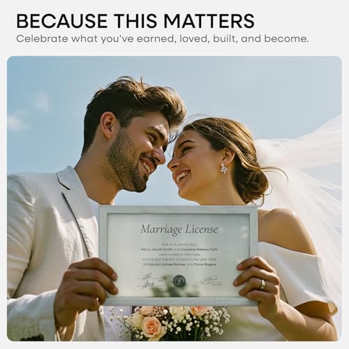Image of Homeforia 8.5x14 Marriage License Frame White, High End Oak 8.5x14 Certificate White Wood Frames, 8.5by14 Wooden Frame for Wall & Tabletop, 8.5 by 14 Picture Frames, Tempered Glass, Wall Kit, Set of 1