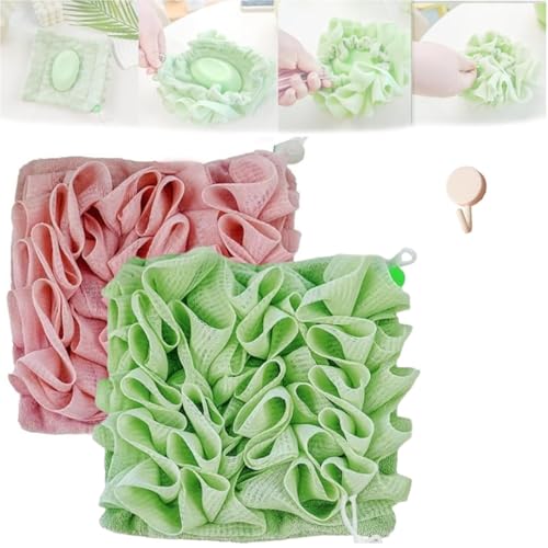 2 in 1 Loofah Sponge Washcloth for Bar Soap, Soap Pouch with Drawstring, Exfoliating Mesh Shower Scrubber Glove for Body Wash(2p