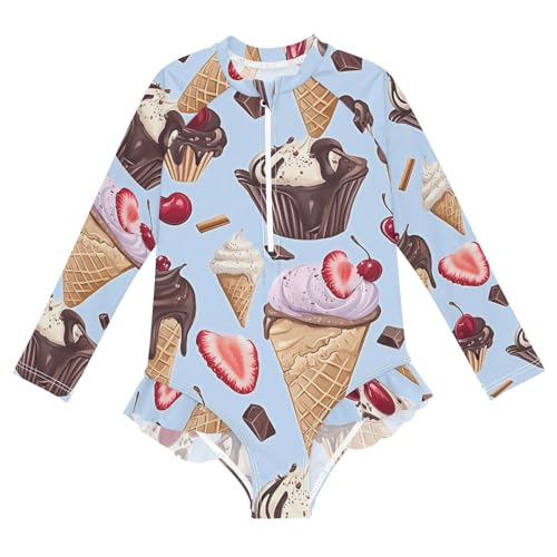ALAZA Toddler Swimsuit Girl Bathing Suit Swimwear Rash Guard Chocolate Ice Cream Cherry Long Sleeve 3T