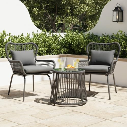 Image of DEVOKO Outdoor Patio Garden 3 Piece All Weather Water Resistant Furniture with Cushion & Center Table for Balcony, Backyard, Lawn, Terrace (Dark Grey & Grey)