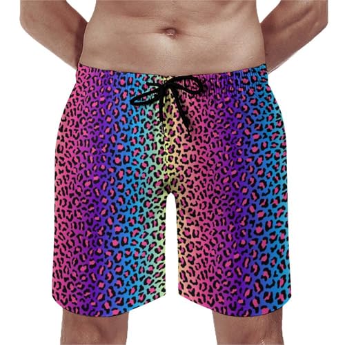 Bright Leopard Rainbow Print Mens Swim Trunks, Quick Dry Swim Shorts with Mesh Lining Swimwear Bathing Suits