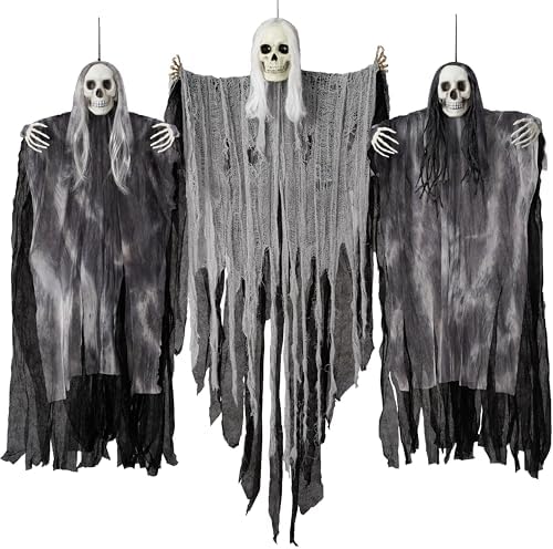 JOYIN 3 Pack Hanging Halloween Skeleton Ghosts Decorations Outdoo...