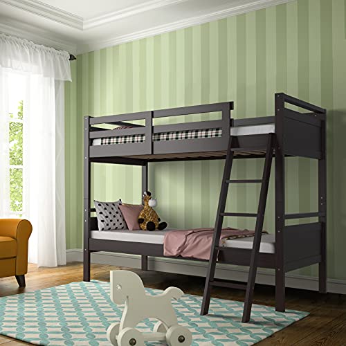 Giantex Twin Over Twin Bunk Bed, Solid Wood Twin Bunk Bed Convertible Into Two Individual Beds, Kids Twin Bunk Bed w/Ladder & Guard Rail for Boys Girls (Espresso)