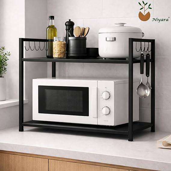 Image of Niyara Iron Metal Heavy Duty Stand 3-Tier Multistorage /Multipurpose Standing Rack, Bathroom Countertop Storage Shelf Cosmetic Organizer Holder Kitchen Spice Rack (Microwave stand black)