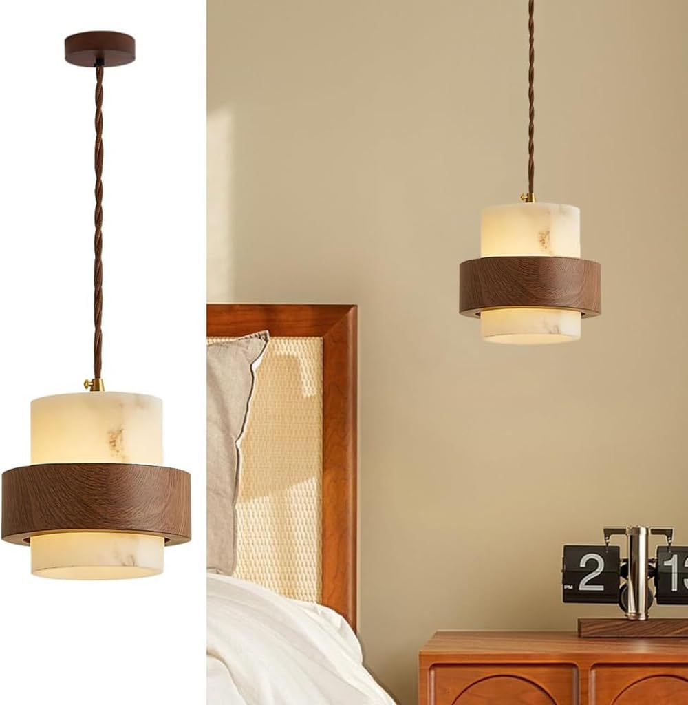 LYMSXAZOU Mid Century Walnut Wood Pendant Light Fixture - 5.5 Inch Adjustable Chandelier for Kitchen Island, Living Room, Hallway