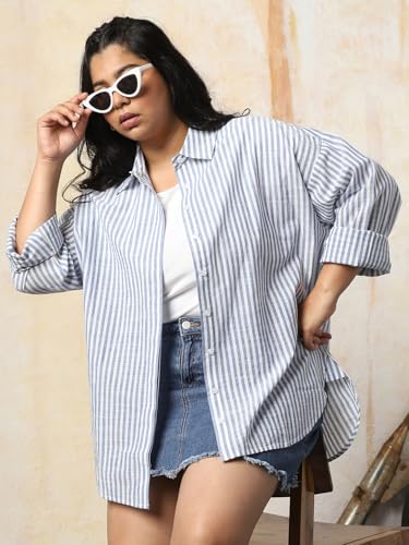 Image of HIGH Star Oversized Striped Cotton Shirt for Women | Stylish Tops for Women | Comfortable and Trendy Casual Shirt