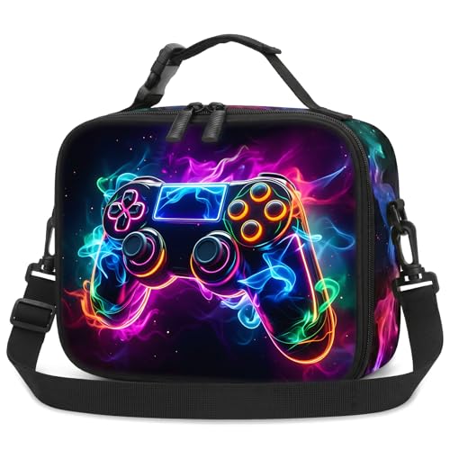 ZHIMEBYE Gamer Boys Lunch Bag - Kids Lunch Box for Boys & Girls Insulated Video Game Lunchbox with Adjustable Shoulder Strap & Name Tag Reusable Portable Lunchbox for School Picnic Hiking