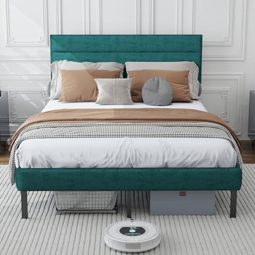 Queen Bed Frame with velvet Upholstered Headboard, Metal Platform Bed Frame Queen Size with 14