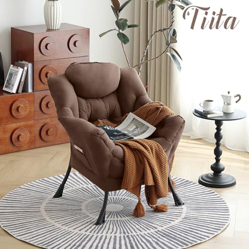 Image of Tiita Brown Lazy Chair, Modern Large Accent Armchair, Comfy Leisure Sofa Reading Chair for Bedroom, Living Room, Dorm Rooms, Garden and Courtyard