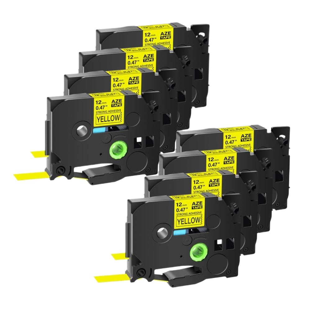Lot de 8 rubans adhésifs noirs sur blanc de 6 mm, 9 mm, 12 mm, 18 mm, 24 mm pour étiqueteuses S231, S131, S631 (noir sur jaune)