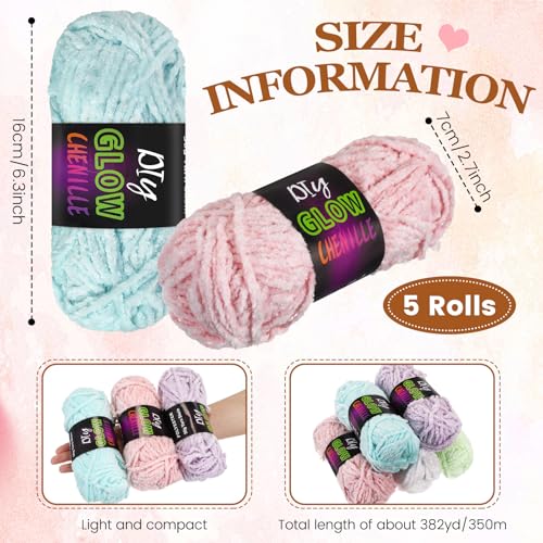 Image of Fanfanwin 5 Rolls Glow in the Dark Yarn Fluffy Chenille Yarn for Crocheting & Knitting Glow Sewing Projects Fun Birthday DIY Gifts for Beginners Women 382 Yd / 350 M Total(Fresh Colors)