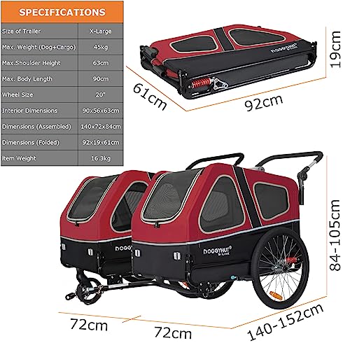 Doggyhut S-Line XL Hundeanhänger & Hundebuggy mit Federung 2 in 1 Hunde Fahrradanhänger Jogger gefedert bis 45 kg (Rot/Schwarz)