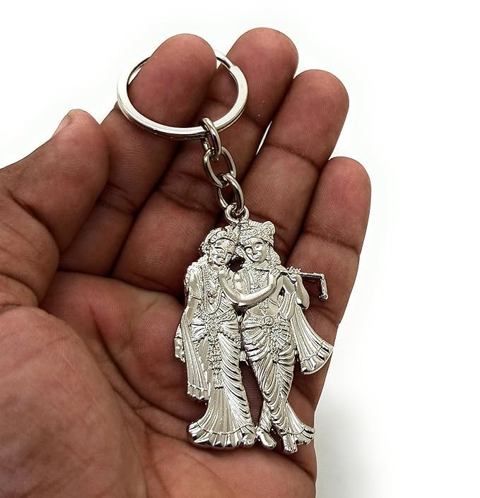 Lord Radha Krishna Metal Keychain - Silver Color - Religious Key Ring - Devotional Keepsake - Ideal Gift for Festivals and Spiritual Seekers2