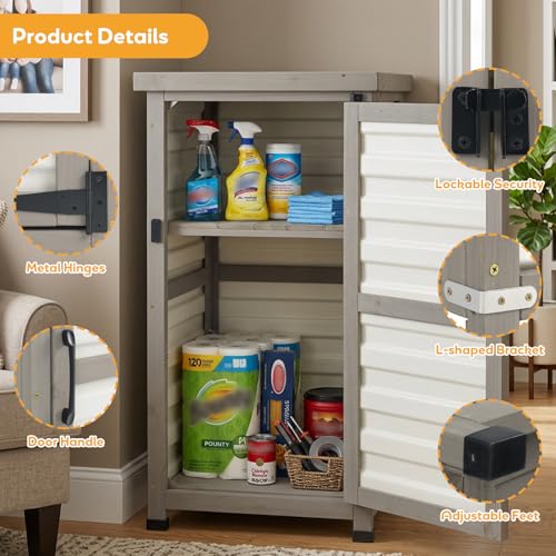 Image of PetsCosset Small Outdoor Storage Cabinet, Wood & Plastic Potting Bench Table Tool Organizer for Patio Backyard Garden, Metal Top, Adjustable Shelf, Corner Storage for Narrow Spaces