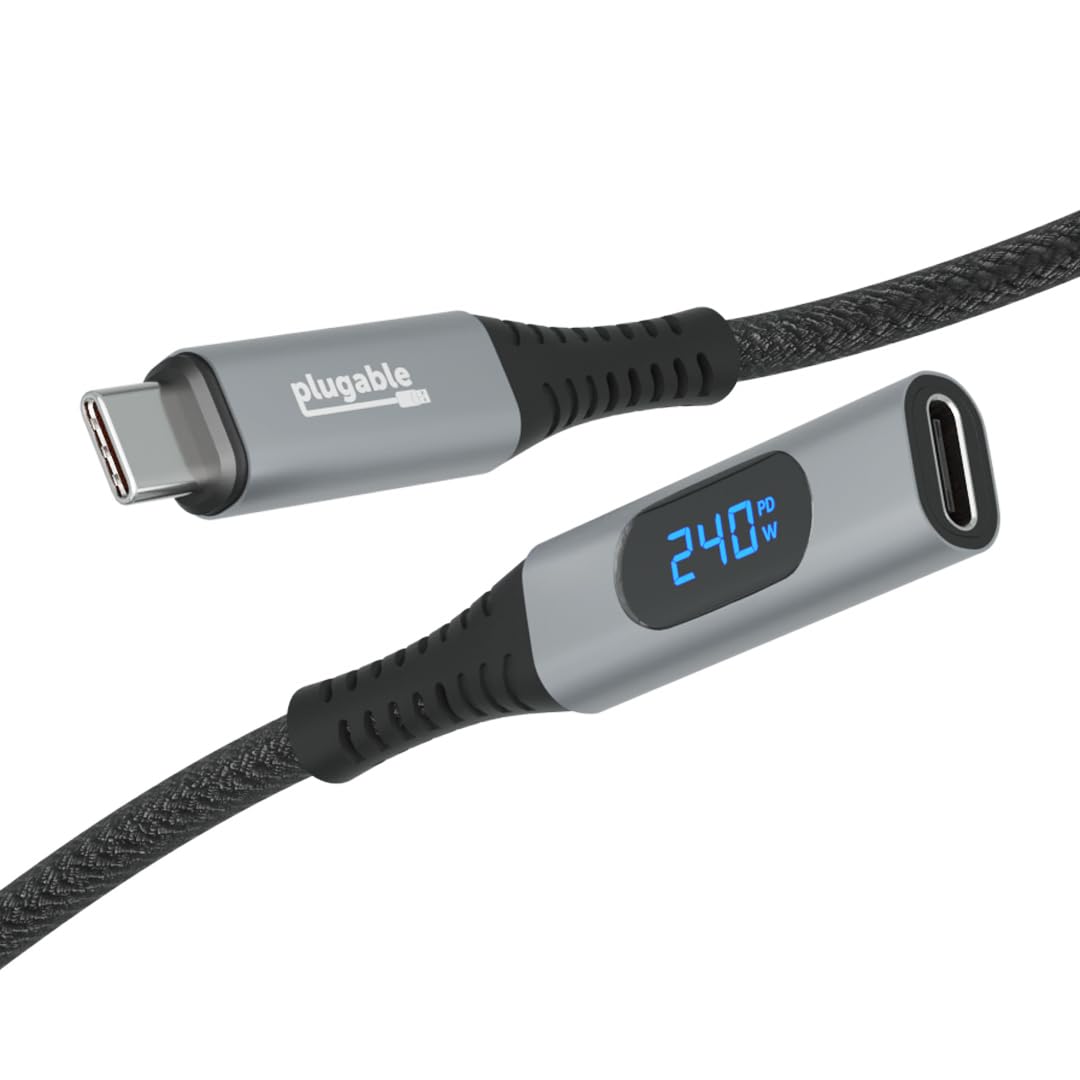 Plugable USB-C Extension Cable 1m Digital Current Checker Supports USB-C Connection Monitoring 240W Fast Charging, 4K 60Hz Monitor Connection, 10Gbps Data Transfer