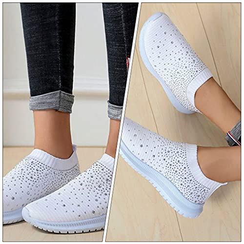 1pair Women Casual Rhinestone Mesh Sports Shoes Breathable Lightweight Sneakers with Anti-Skid Sole for All Seasons for Sports Parties Indoor and Outdoor Activities White3
