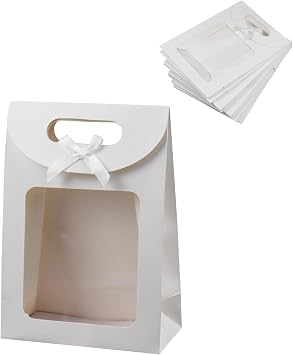 Semetall Kraft Paper Bags with Window 12Pcs 5.5"x2.8"x7.9" | Paper Gift Bags,Stand Up Gift Bag with Handles,White Gift Bag for Candy Cookies Packaging Wedding Christmas Party