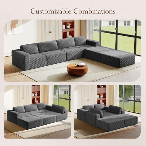 Image of Vesgantti 159 inch Large Modular Sectional Sofa, U-Shaped Corduroy Cloud Couch with Deep Seats & Spring Support, 4-Seater Boneless Sofa with 2 Movable Ottomans, No Assembly Needed, Grey