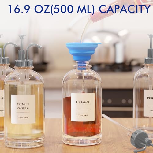 Image of 16.9 oz /500 ml Coffee Syrup Dispenser Set - 2 Glass Bottles with Silver Pumper and Syrup Labels - Precise Dispensing and Stylish Addition to Coffee Shop, Cafe or Home Bar