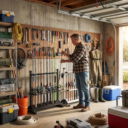 24-Rod-Aluminum-Fishing-RodPole-Holder-Rustproof-Fishing-Rod-Rack-with-360-Lockable-Wheels-Multi-Functional-Storage-Organizer-for-Garage-Home-Fits-Most-Rods-Golf-Clubs-Black