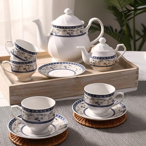 Image of U.P.C. Tea Set With Kettle And Saucer For 6 Servings, 15 Piece Ceramic Tea Service Set Including 6 Cups, 6 Saucers, 1 Kettle, 1 Milk Pot, 1 Sugar Pot, 800 Milliliters Capacity