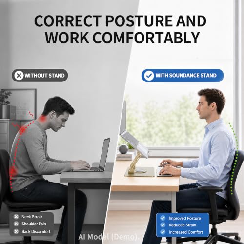 Image of SOUNDANCE 360 Rotating Laptop Stand, Ergonomic Computer Riser for Desk, Adjustable Height Multi-Angle Metal Holder, Foldable Portable Notebook Elevating Base for Office & Home, Gold