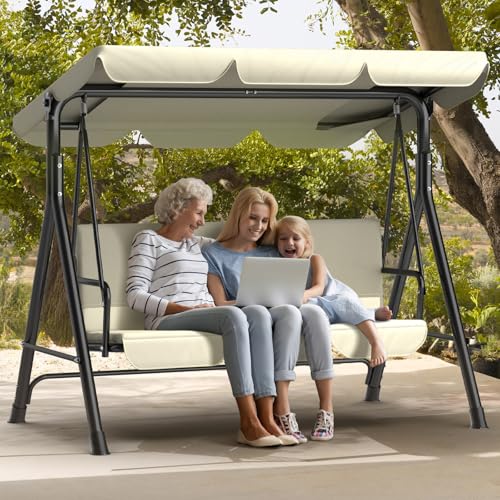 Dondolo da giardino a 3 posti, con tettuccio parasole regolabile,