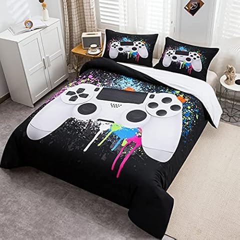 Tbrand Gamepad Bettbezug Set Jungen Gamer Bettwäsche Set 135x200cm Weißes Videospiel Gamepad Betten Set Für Jugendliche Kinder Schlafzimmer Dekor Bunte Krawattenfarbe Modern Game Controller Cover
