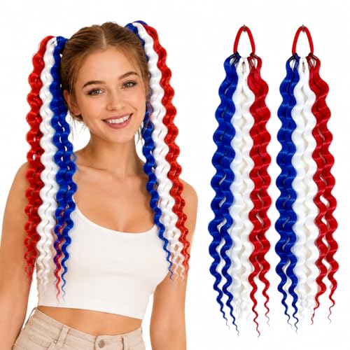 Red White Blue Hair Extensions Tie in Curly Ponytail Extension Wavy July of 4th Crazy Hair Day Accessories for Fun DIY Festival Wacky Rave Colored Braids 18 inch 2 Packs