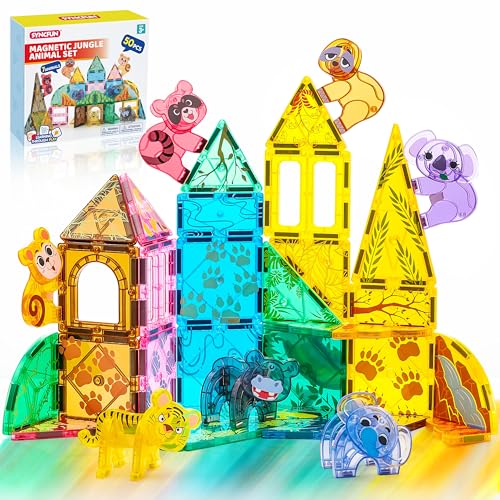 SYNCFUN Magnetic Building Tiles Jungle Animal Set for Kids, 50PCS Including 7 Cute Animals, Educational STEM Toy for Boys & Girls Ages 3-5 4-8, Christmas Birthday Party Gift for Toddlers