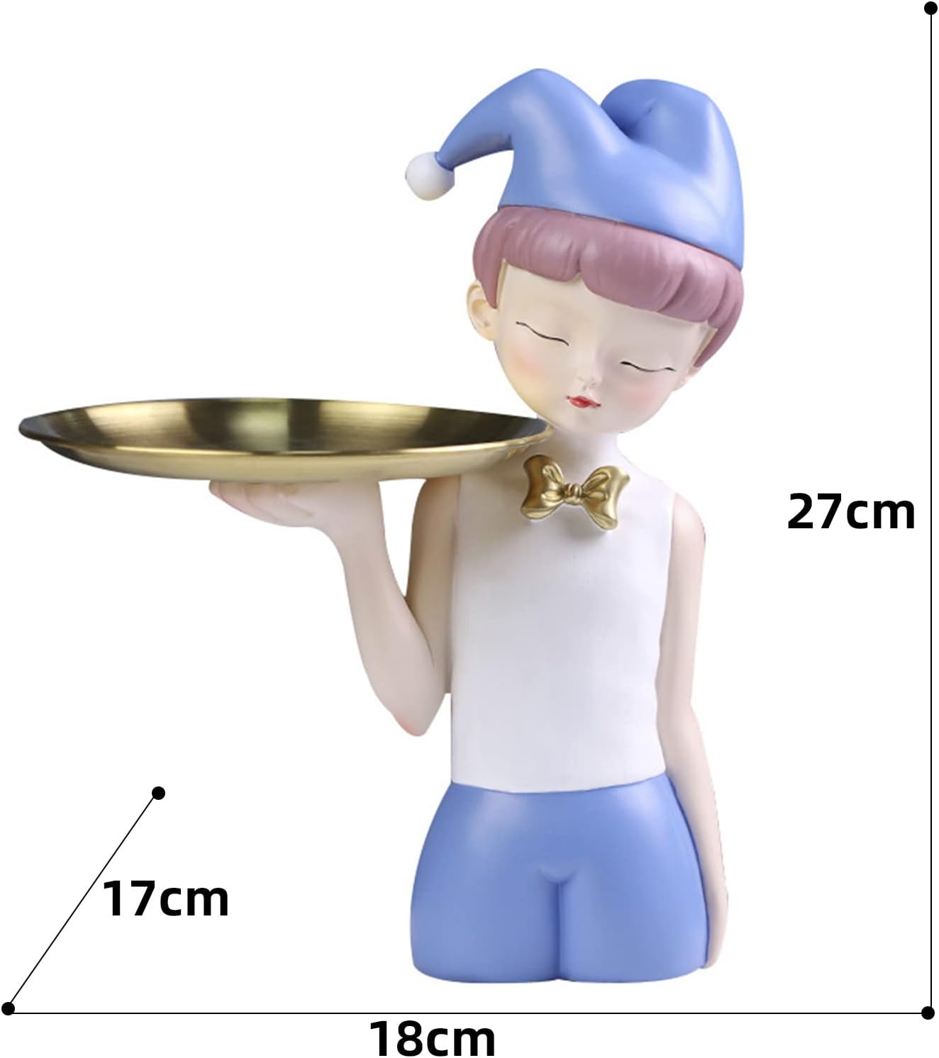 Resin Cartoon Character Sculpture with Metal Tray Character Figurine Storage Tray Character Decor Statue Key Tray Storage Sundries for Home Decor Gift (Boy) image 2
