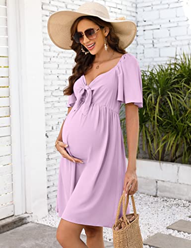 Funjuly LXT-PBY_0YLCE39N Maternity Dresses For Baby Shower Women'S Knotted V Neck Knee Length Wrap Baby Shower Dress Pink M thumb #5
