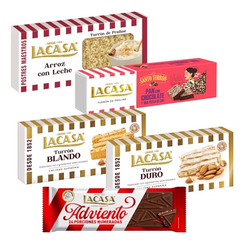 Surtido Turrones Lacasa: 5 tabletas de turrón variadas: Blando, Duro, Crujiente, Arroz con leche y Pan con chocolate y sal