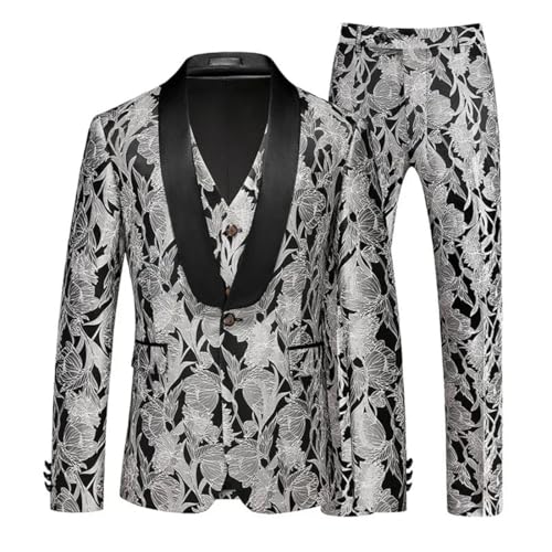 Pohullan Men 3-Piece Suit Wedding Party Dress Jacket Trousers Vest Dance Party Suit Gray XL